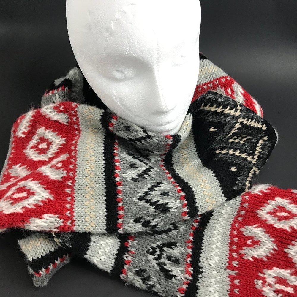 Native American inspired Knit Scarf, black/red/grey